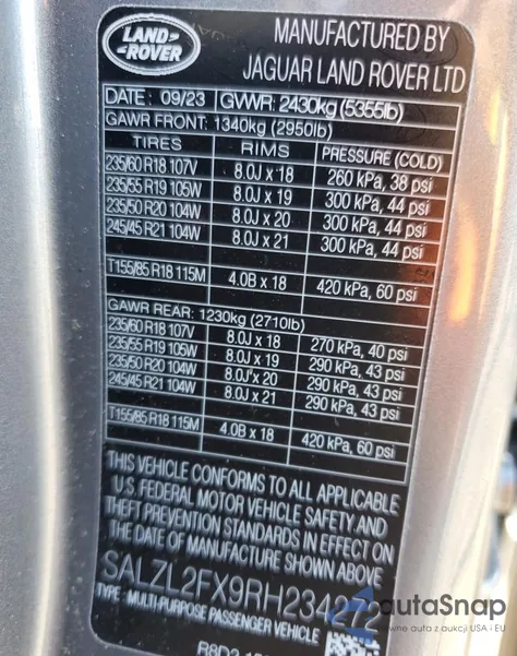 2024 Land Rover Range Rover Evoque Dynamic Se z USA, uszkodzony, nr VIN SALZL2FX9RH234272